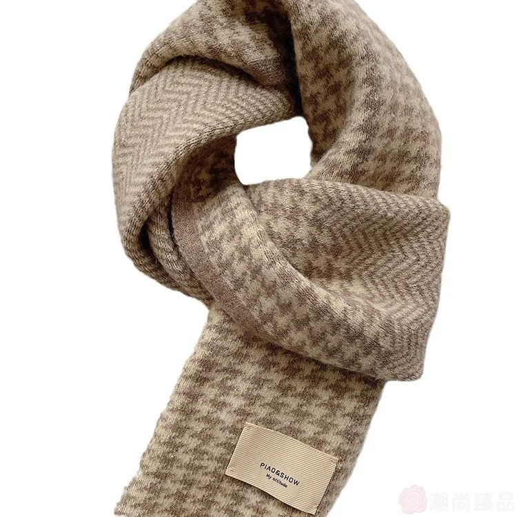 新款千鸟格双面毛线围巾女冬季感短款针织保暖围脖男百搭韩剧