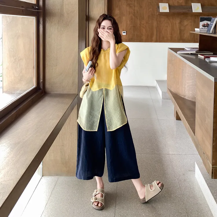 韩系减龄穿搭一整套女2025夏新款设计感网纱拼接上衣阔腿裤两件套