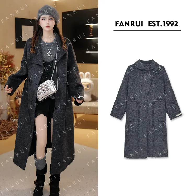 FANRUI/泛芮「贝贝biuu」高支绵羊毛斜襟领长款高级大衣外套B18125