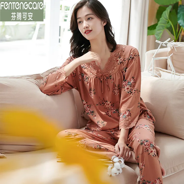 芬腾可安中年妈妈睡衣女款长袖秋冬薄款丝光棉休闲加大码家居服套