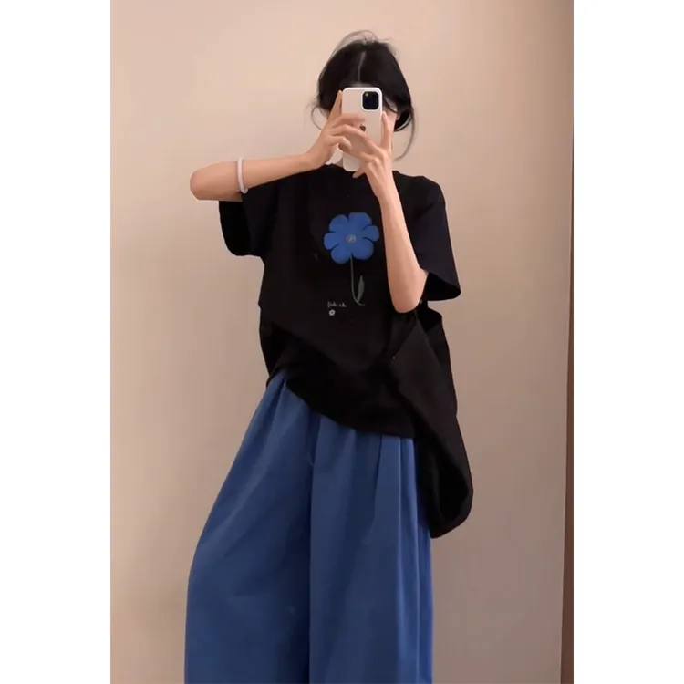 A1560#夏季新款韩系穿搭圆领印花短袖上衣气质高腰宽松阔腿长裤