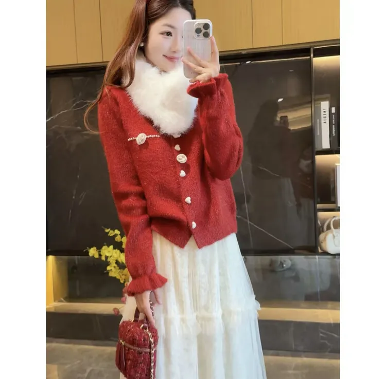 不起球 绝美木耳边花朵爱心扣毛衣外套女温柔风针织衫开衫