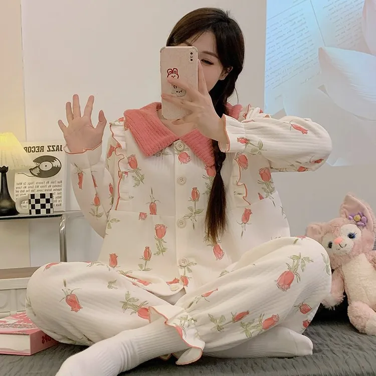 空气棉睡衣女秋冬季加厚娃娃领长袖甜美加肥大码胖mm家居服两件套