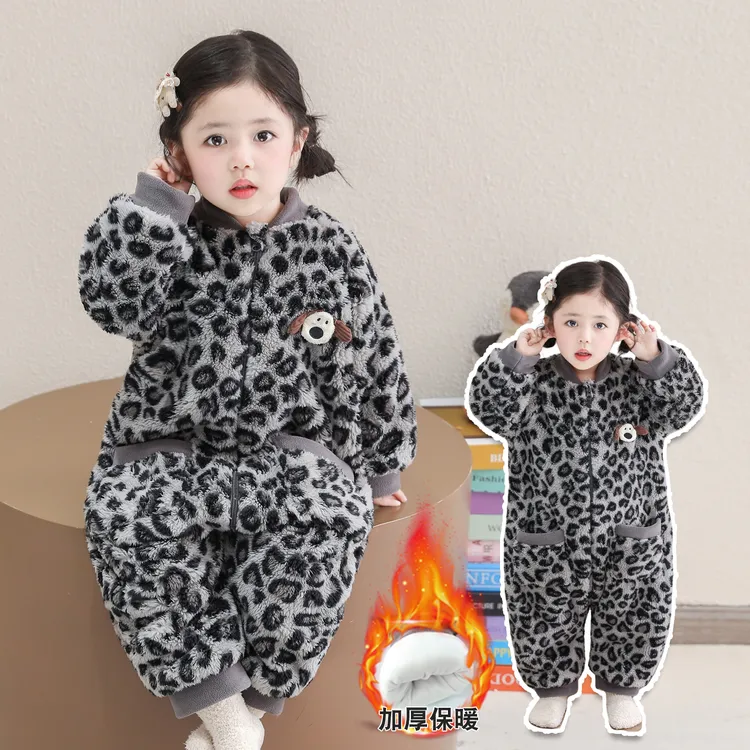 女童连体睡衣秋冬季双层加绒加厚珊瑚绒防着凉儿童家居服宝宝女孩