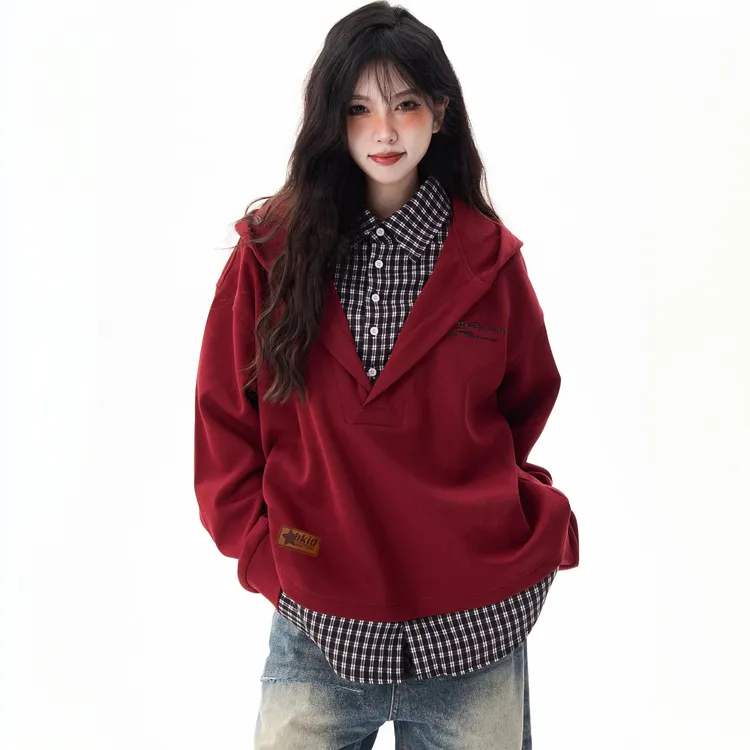 HandSeven美式复古格子假两件衬衫拼接春秋男女同穿学院风外套