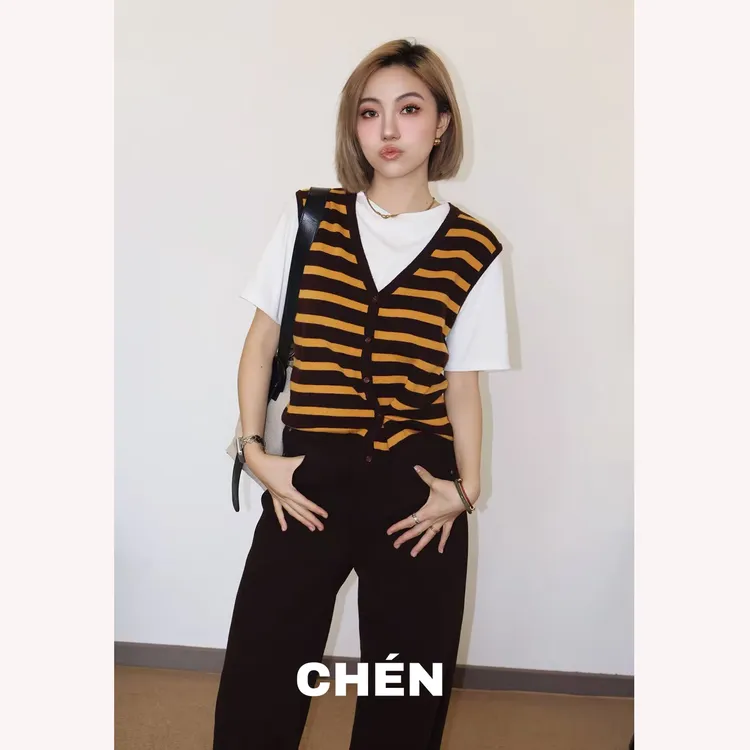 【小蜜蜂】晨总自制休闲韩系百搭通勤显瘦条纹假两件短袖针织衫女