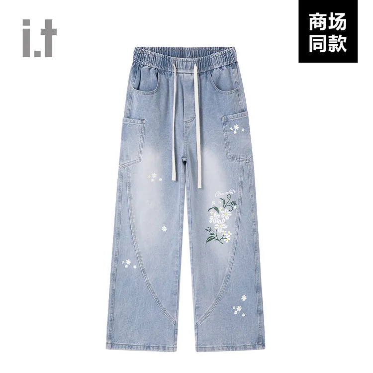 I.T潮牌CHOCOOLATE浅蓝色口袋工装休闲牛仔裤男女系带松紧裤腰潮