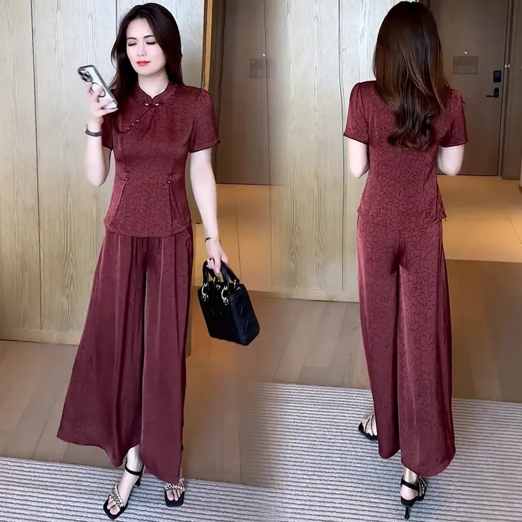 新中式国风套装夏季新款洋气显瘦收腰盘扣短袖上衣阔腿裤两件套