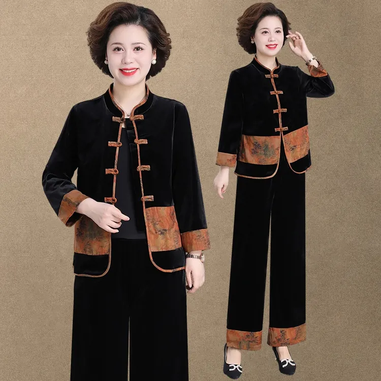 中老年50-60岁妈妈装女装服装秋装盘扣高档外套金丝绒套装