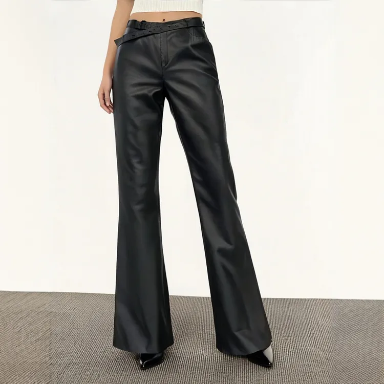 03皮裤轻职风高腰长裤喇叭裤休闲裤女士微喇拖地裤牛皮整版裤子