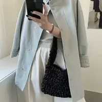 立领中长款宽松风衣外套(格子袖)
