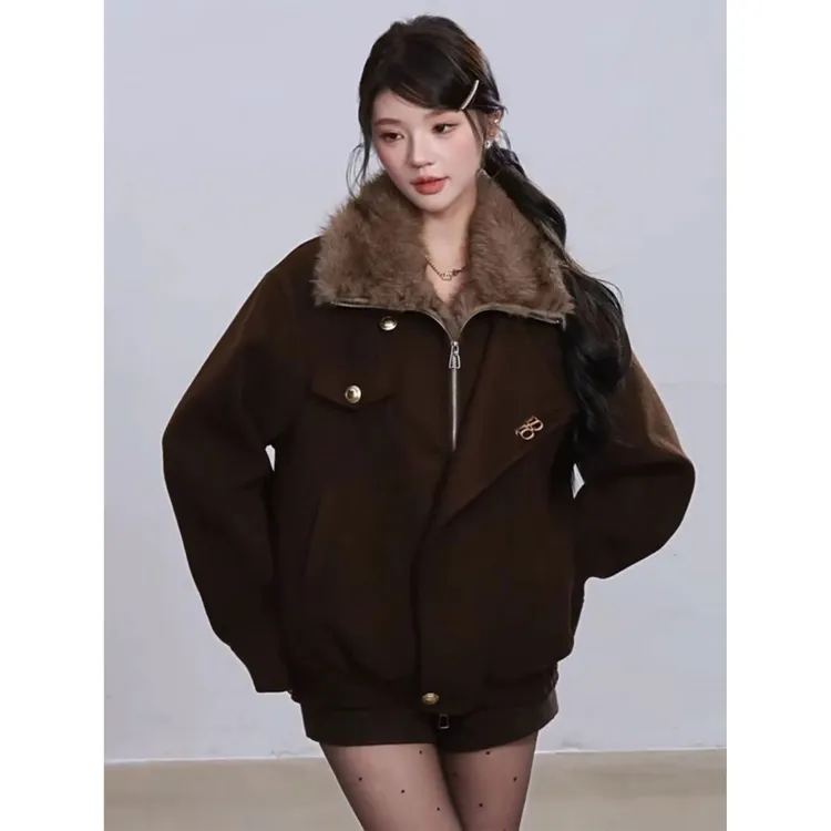 qdqd复古美拉德翻毛领咖色毛呢外套夹棉加厚保暖高级感夹克女秋冬
