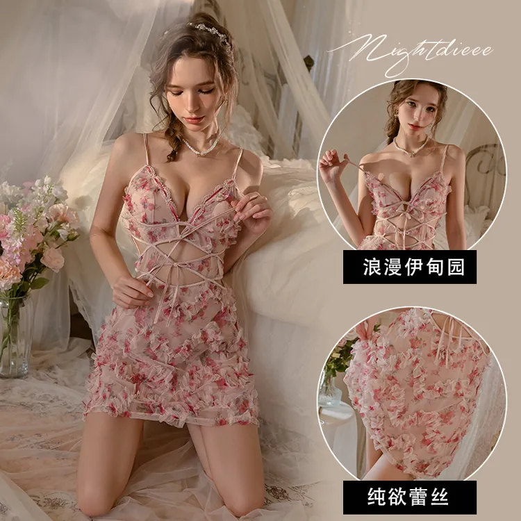 新款纯欲风短裙浮雕花镂空蕾丝网纱吊带睡裙