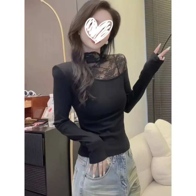 小众加绒蕾丝拼接半高领长袖T恤2025冬季韩版显瘦打底独特上衣女