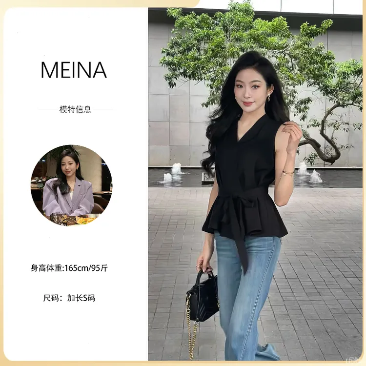 MEINA专属【复古浪潮】V领气质修身显瘦绑带设计感高级感衬衫背心