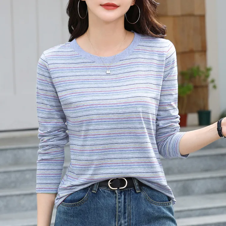 32支彩棉女士长袖条纹打底T恤圆领修身大码休闲百搭t恤减龄上衣