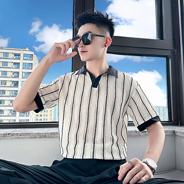 男士镂空短袖Polo衫夏季潮牌条纹翻领T恤2025新款潮流休闲半袖薄t