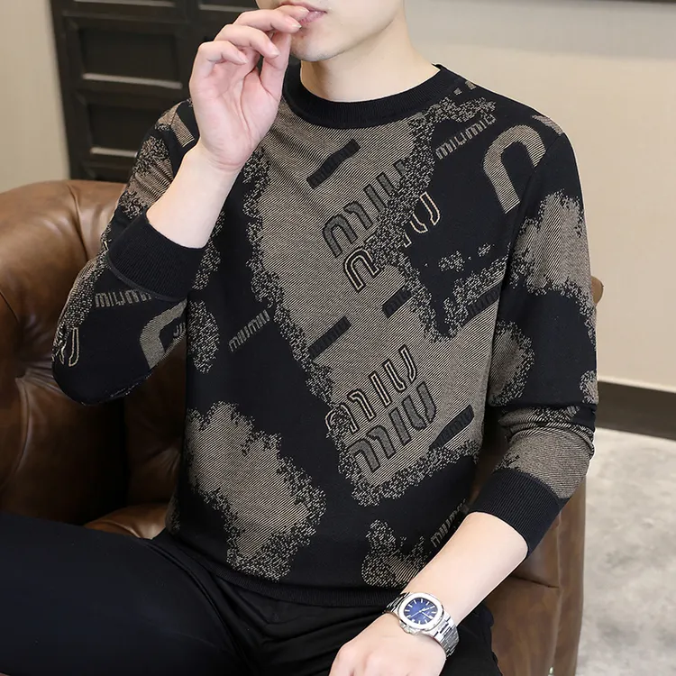 时尚圆领打底衫男士秋季新款提花毛衣百搭潮流帅男休闲长袖打底衫