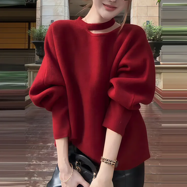 设计感挂脖红色毛衣女秋冬高级感2025新款爆款超好看内搭针织上衣