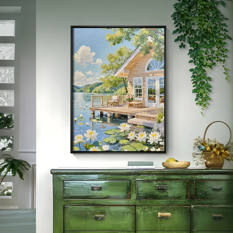 【盈浩】湖光山色手绘油画治愈系手工高级感肌理装饰画客厅风景挂画