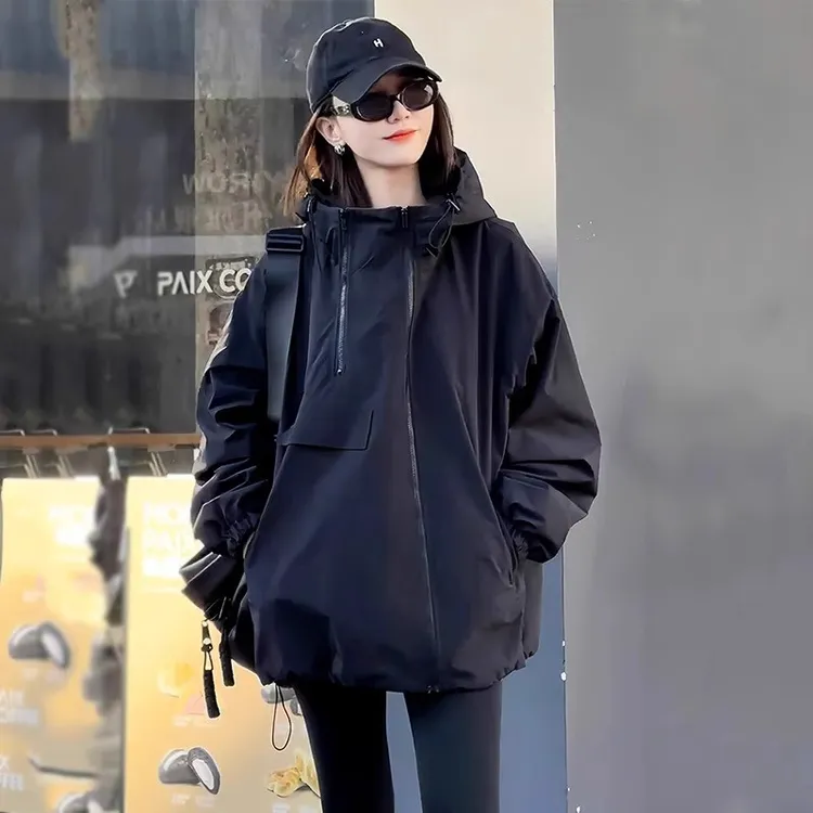 欧货时尚双拉链设计感连帽冲锋衣女2025春秋新款防风宽松休闲外套