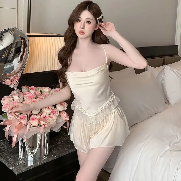 OUFENLAI夏季吊带短裤睡衣女新款纯欲风蕾丝花边荡领少女冰雪丝