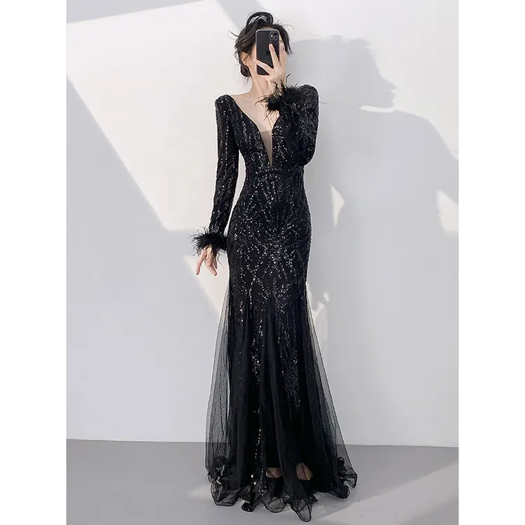 黑色晚礼服女高级感宴会气质高端名媛年会主持人鱼尾亮片长裙冬季