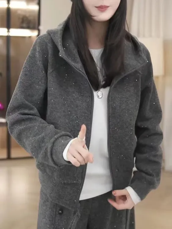 【蜜爷家】秋冬亮片细闪连帽双开拉链外套5630#