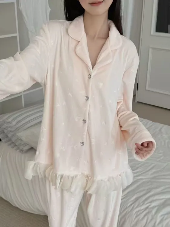 法式睡衣女秋冬新款双面海岛绒纯欲长袖长裤可外穿家居服花边套装