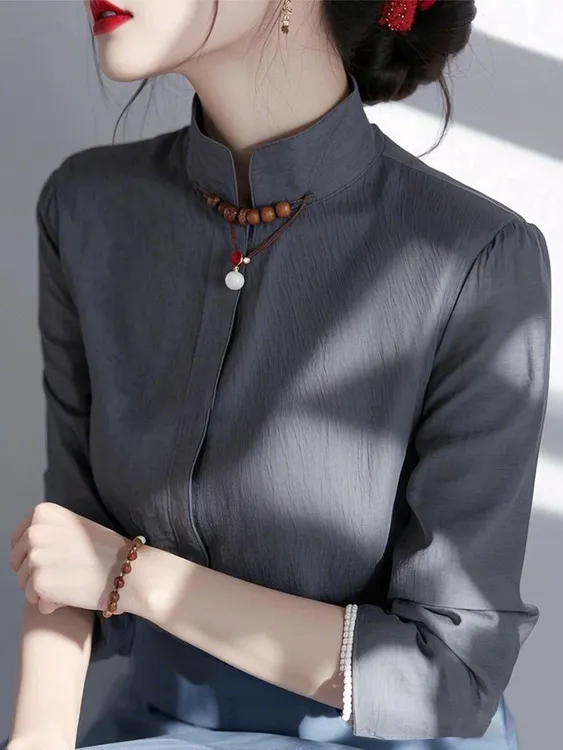 SS886小众设计轻奢高级感小衫独特别致洋气轻熟国风立领灰色上衣