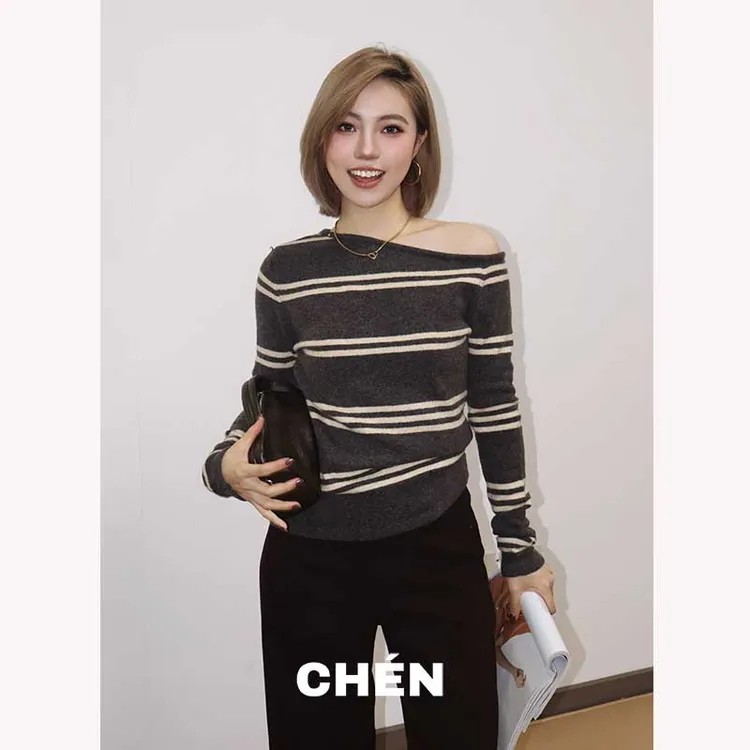 【澳绒衫】晨总自制休闲通勤条纹显瘦秋冬韩版斜肩针织长袖女