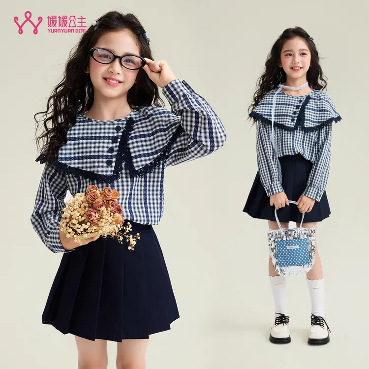 媛媛公主【镰仓海风】2025秋季女童时尚长袖格子衬衫上衣15302T123