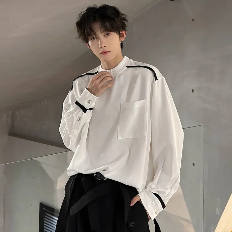 ins撞色衬衫袖T恤男秋季加肥加大码国潮流宽松痞帅圆领长袖打底衫