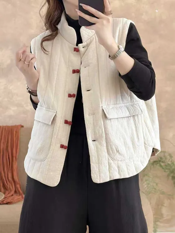 秋冬复古风棉马甲盘扣立领大口袋文艺百搭休闲女款棉衣G6108