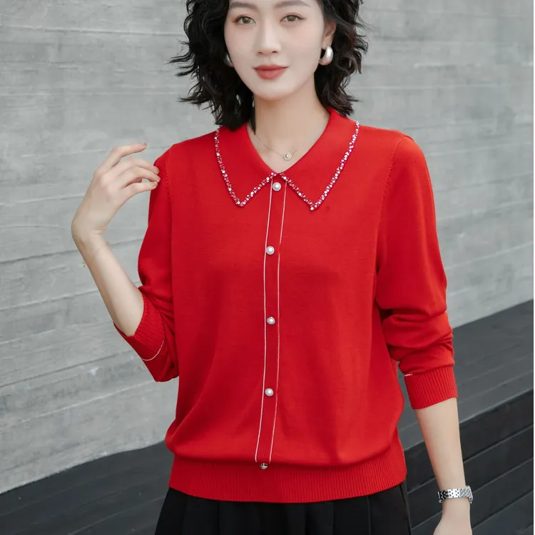 韩衣奇迹薄款天丝网红翻领大码订珠毛衣老钱风松弛感女装贵气