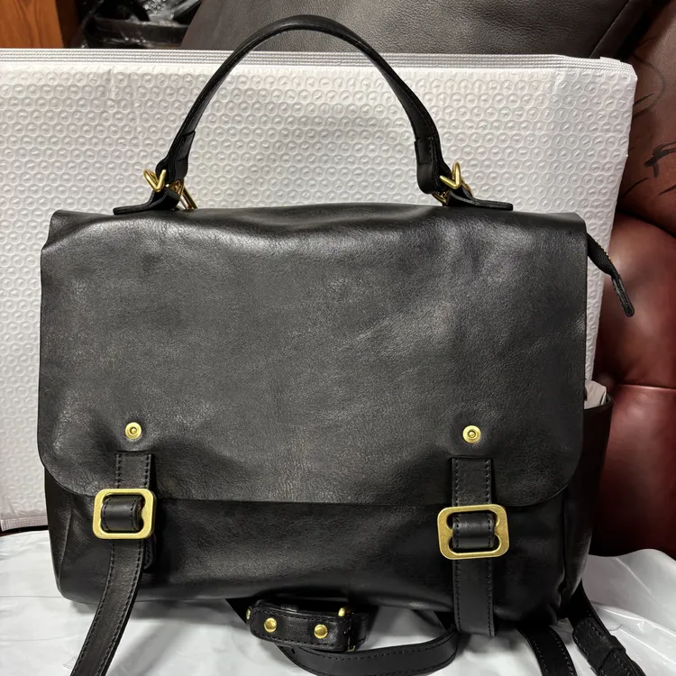 休闲大号中古百搭竖款双肩包纯色植鞣防盗包盖