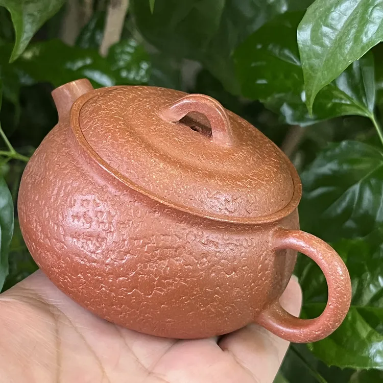 宜兴原矿紫砂桔子壶半手工制作150cc红降坡泥料内推孔出水