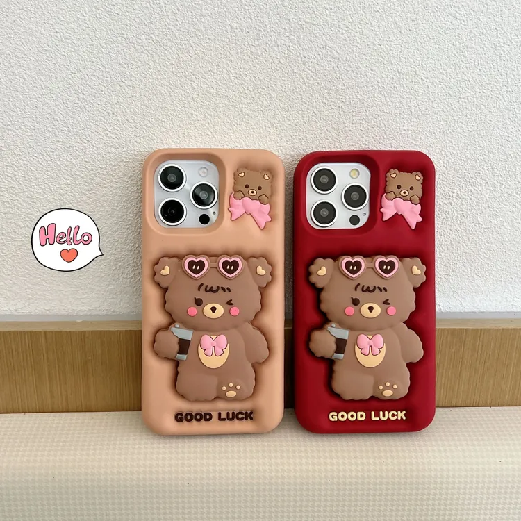 (适用苹果华为)墨镜熊支架棕色小熊可爱iPhone16立体软硅胶手机壳