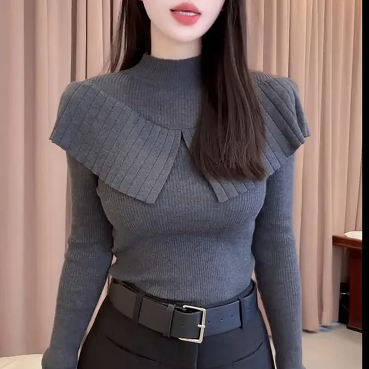 设计感荷叶边半高领针织衫女2025秋冬新款内搭打底衫女毛衣L7730A