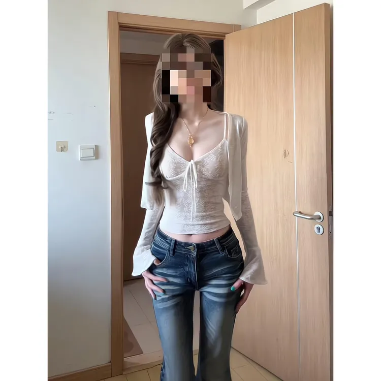秋季法式气质蕾丝吊带背心短款外套两件套微喇叭牛仔裤马蹄拖地裤