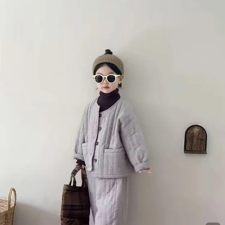 儿童秋冬装套装2025新款女童韩版夹棉圆领棉服外套宝宝洋气两件套