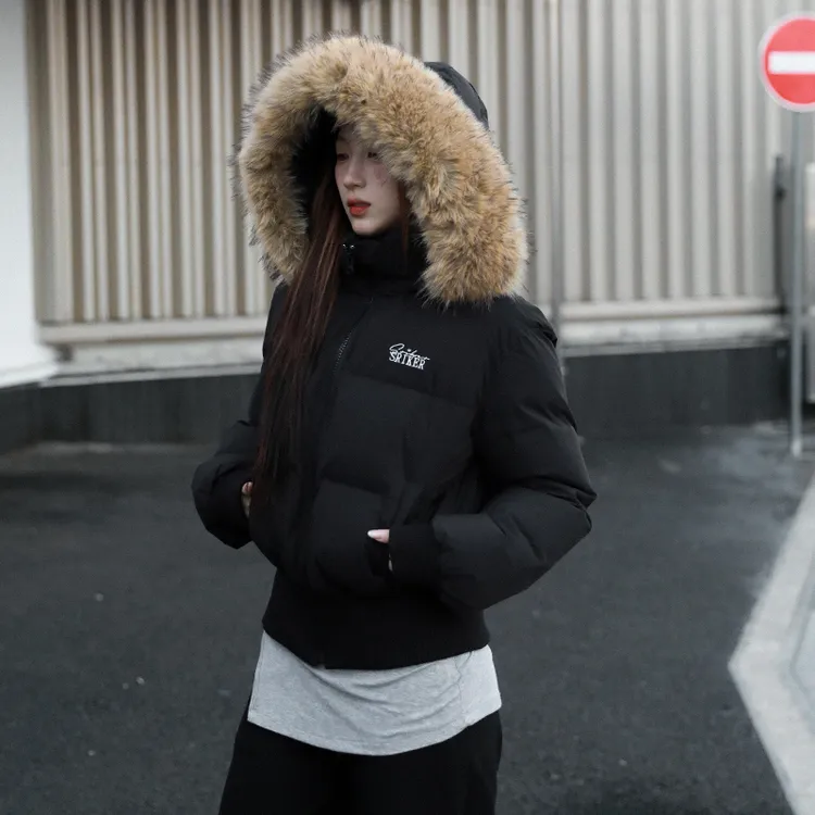 SRIKERLAB冬季90白鸭绒短款连帽羽绒服收腰显瘦高级感大毛领外套