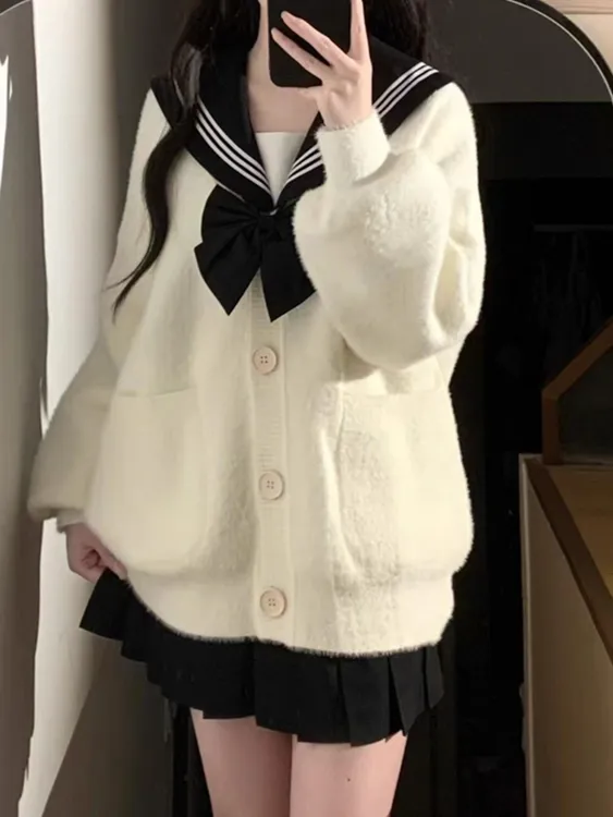 原创JK毛茸茸毛衣日系制服学院风针织开衫毛衣外套宽松叠穿毛衣