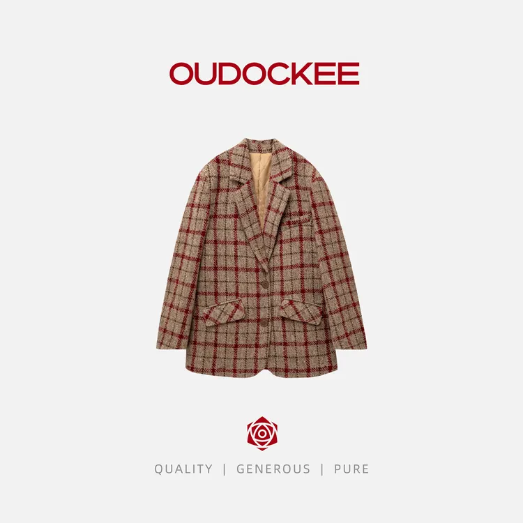 OUDOCKEE 鸥鸥 【绵羊毛】红格 复古格纹羊毛西装秋冬外套 XACE652T