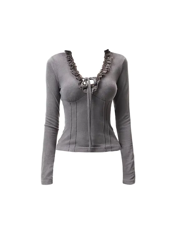 韩系v领蕾丝花边长袖t恤女秋冬修身辣妹纯欲风德绒打底衫内搭上衣