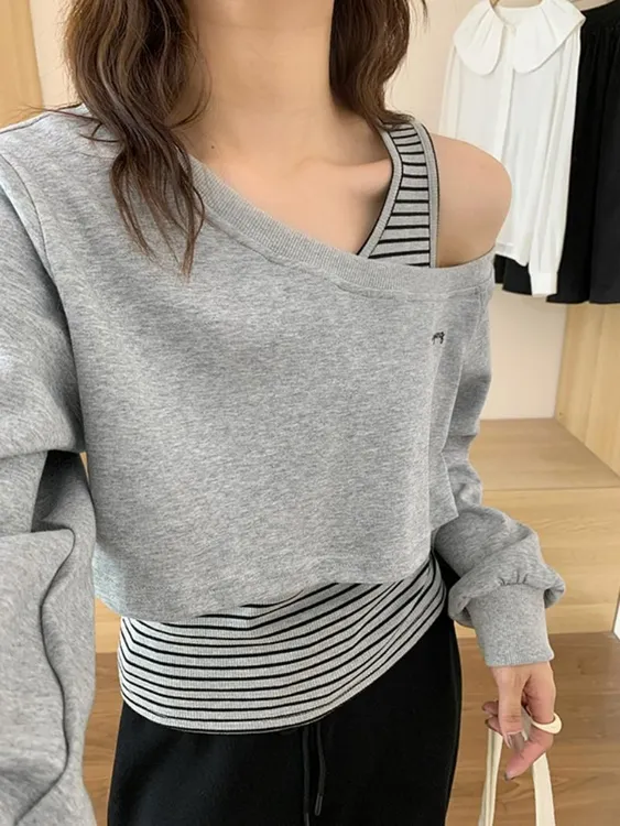 灰色斜肩条纹拼接长袖T恤假两件套女韩系休闲设计感吊带背心套装