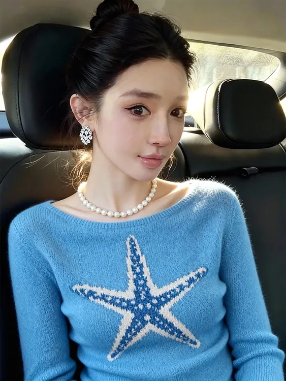 韩系蓝色海星印花针织衫女冬季慵懒高级感显瘦遮肉超好看套头上衣