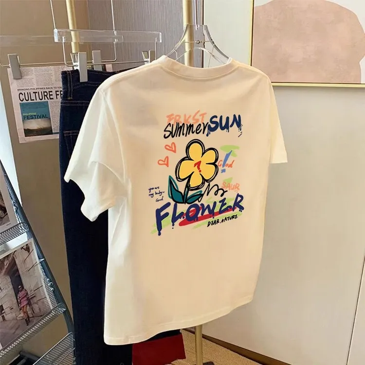 欧货杏色卡通印花短袖t恤女2025夏季新款纯棉宽松显瘦半袖上衣ins