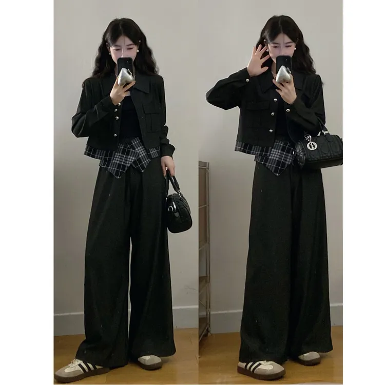 大码女装胖mm新款格纹拼接时尚气质西装外套+阔腿裤两件套套装