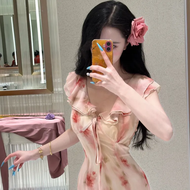 LHMknk1画报夫人原创自制碎花裙新中式国风连衣裙显瘦 桃落云开